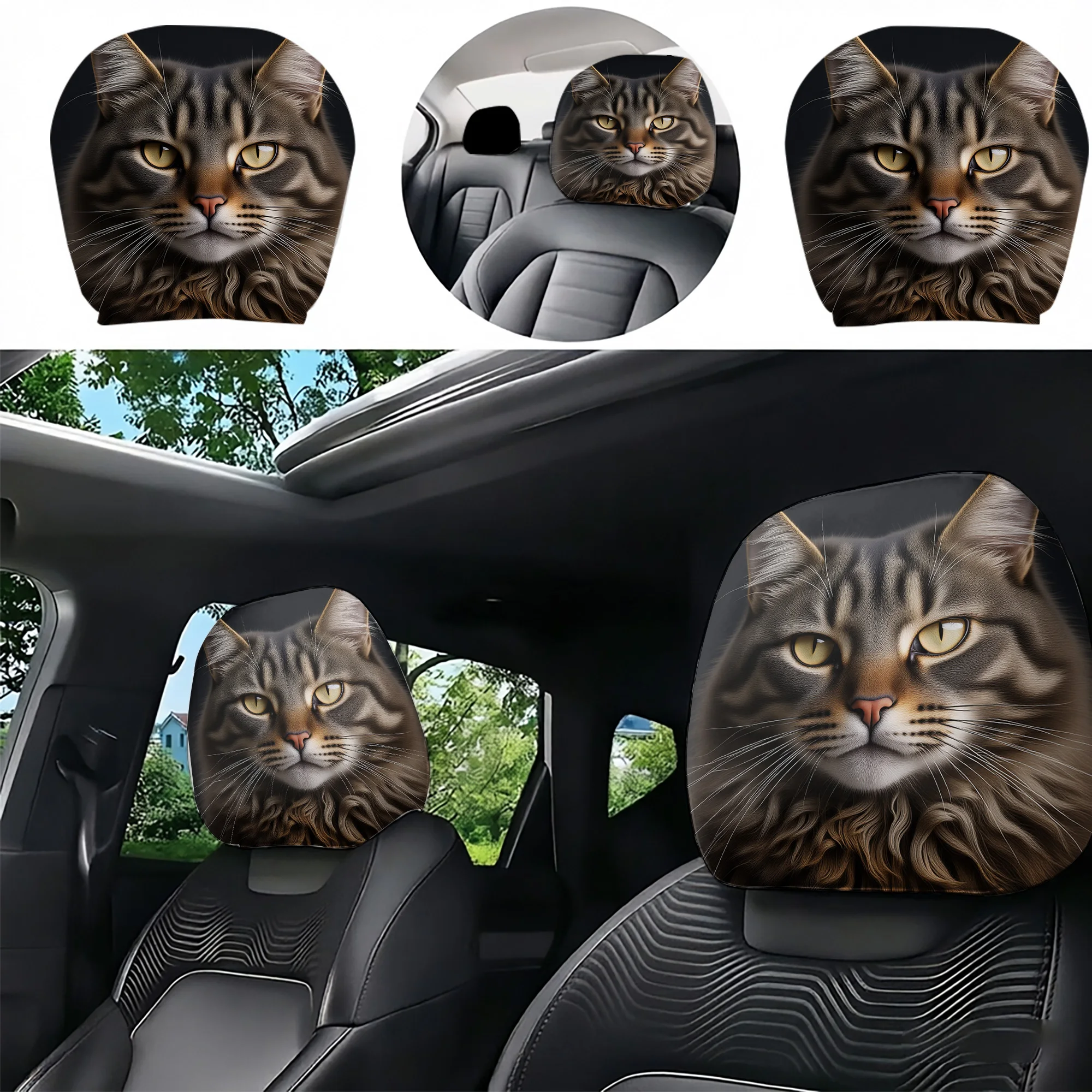 2pcs Cat-Printed Car Headrest Covers—adds a touch of cuteness to your car’s interior. Filling not included. Easy to install.