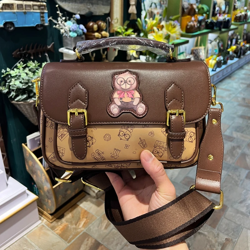 CREAM BEAR Small Square Bag for Women Cartoon Cute Doll Academy Style Cambridge Bag Leather Shoulder Crossbody Bags Female Bags