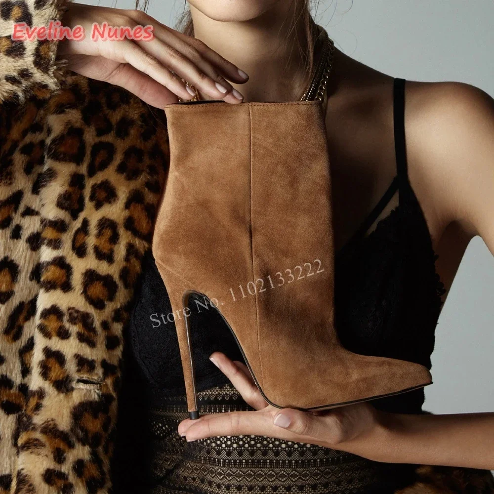 

Women's Brown Suede Stiletto Ankle Boots Solid Pointed Toe Thin High Heel Side Zipper Fashion Party Custom Work Design Shoes