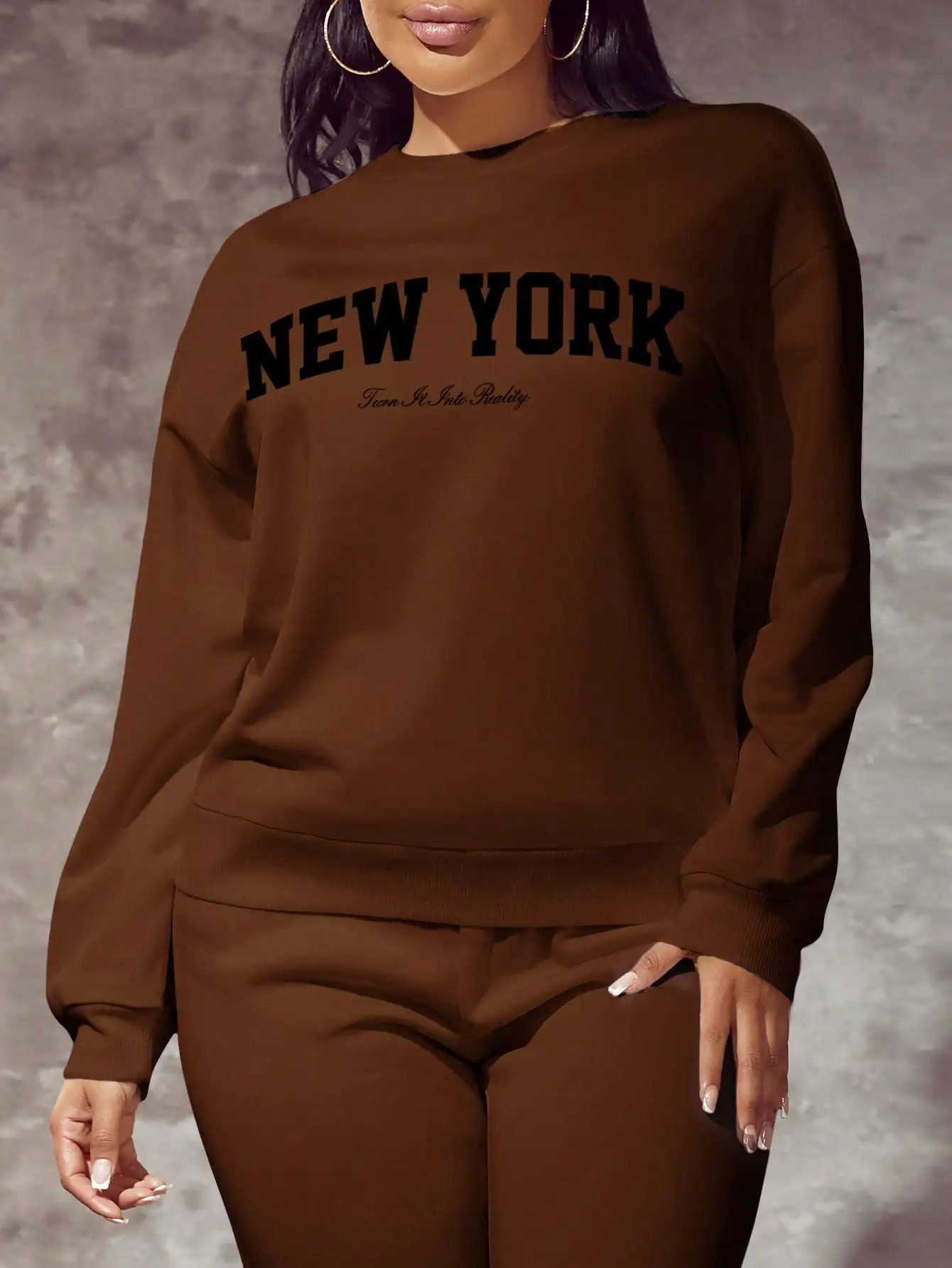 

Brown New York Graphic Crewneck Sweatshirt, Loose Fit, Plus Size, Autumn Winter