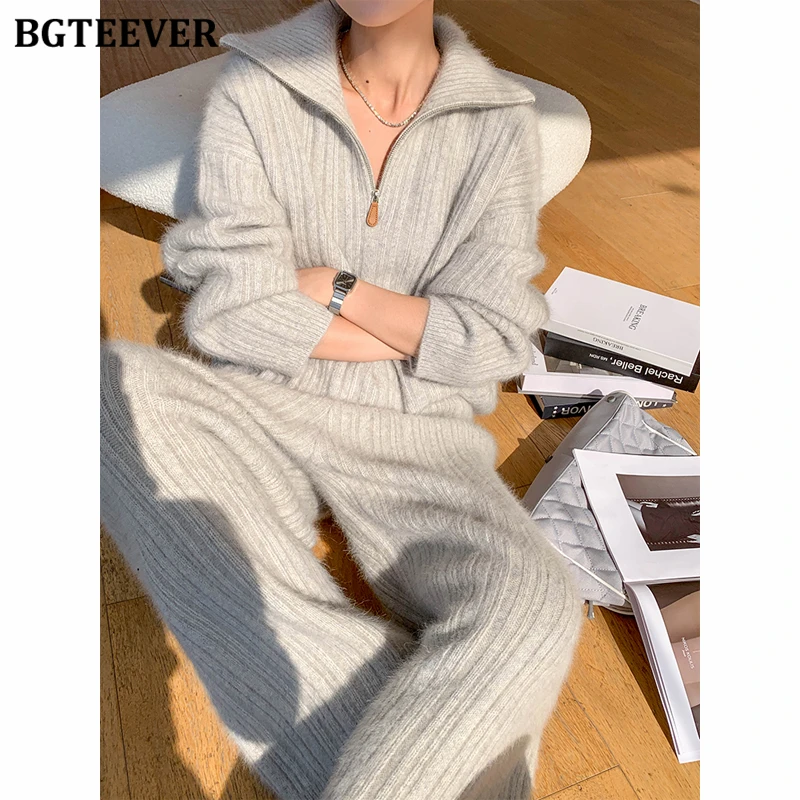 BGTEEVER Autumn Winter Warm Ladies 2 Pieces Sweaters Set Long Sleeve Zipper Up Pullovers Tops Women Wide Leg Trousers