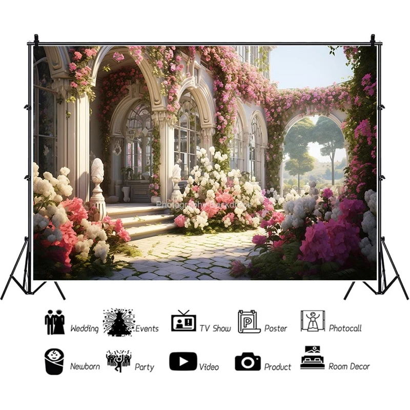 Romantic Fantasy Wedding Gate Bouquet Deco Photography Backdrop Props Archway With Flowers Palace Photo Studio Background HHL-05