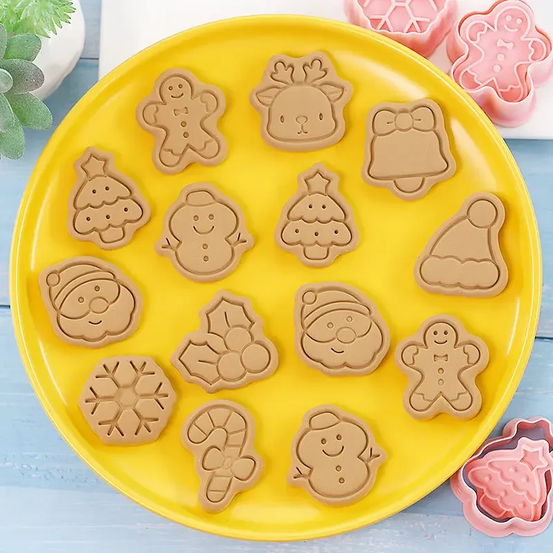 10pcs/set Christmas Cookie Cutters Cartoon Santa Snowman Tree Elk Shape Biscuit Mould Cookie Stamp Kitchen Baking Pastry Mold