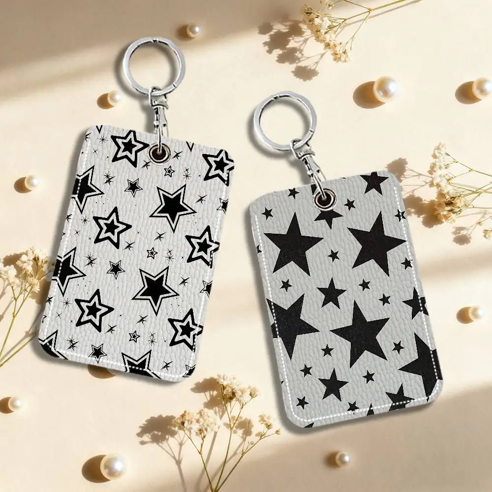 Black White Stars Leather Card Holder Keychain Key Ring Door Lock Access Tags ID Card Case Keychain Card