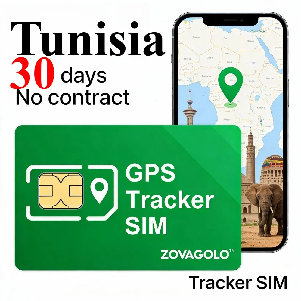 Carte SIM IoT prépayée Tunisie 30 Mo 30 jours de données pures sans contrat obligatoire, adaptée aux traceurs GPS de voiture, traceurs de sécurité pour enfants et personnes âgées ZOVAGOLO