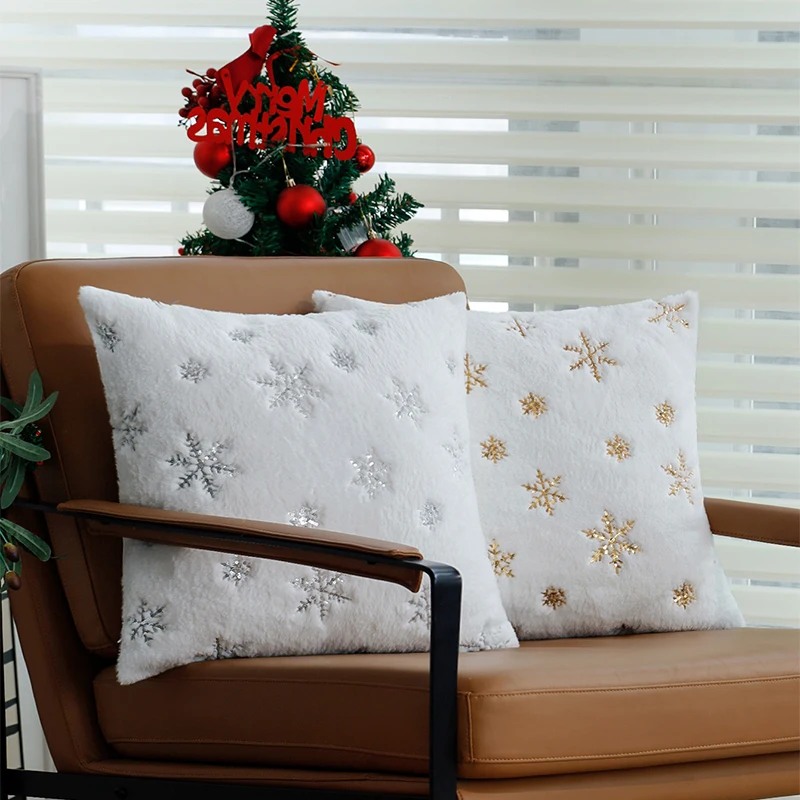 

Cushion Cover Christmas Snowflake 45x45cm Home Decorative White Plush Pillow Cover Christmas Supplies for Living Room Sofa Party