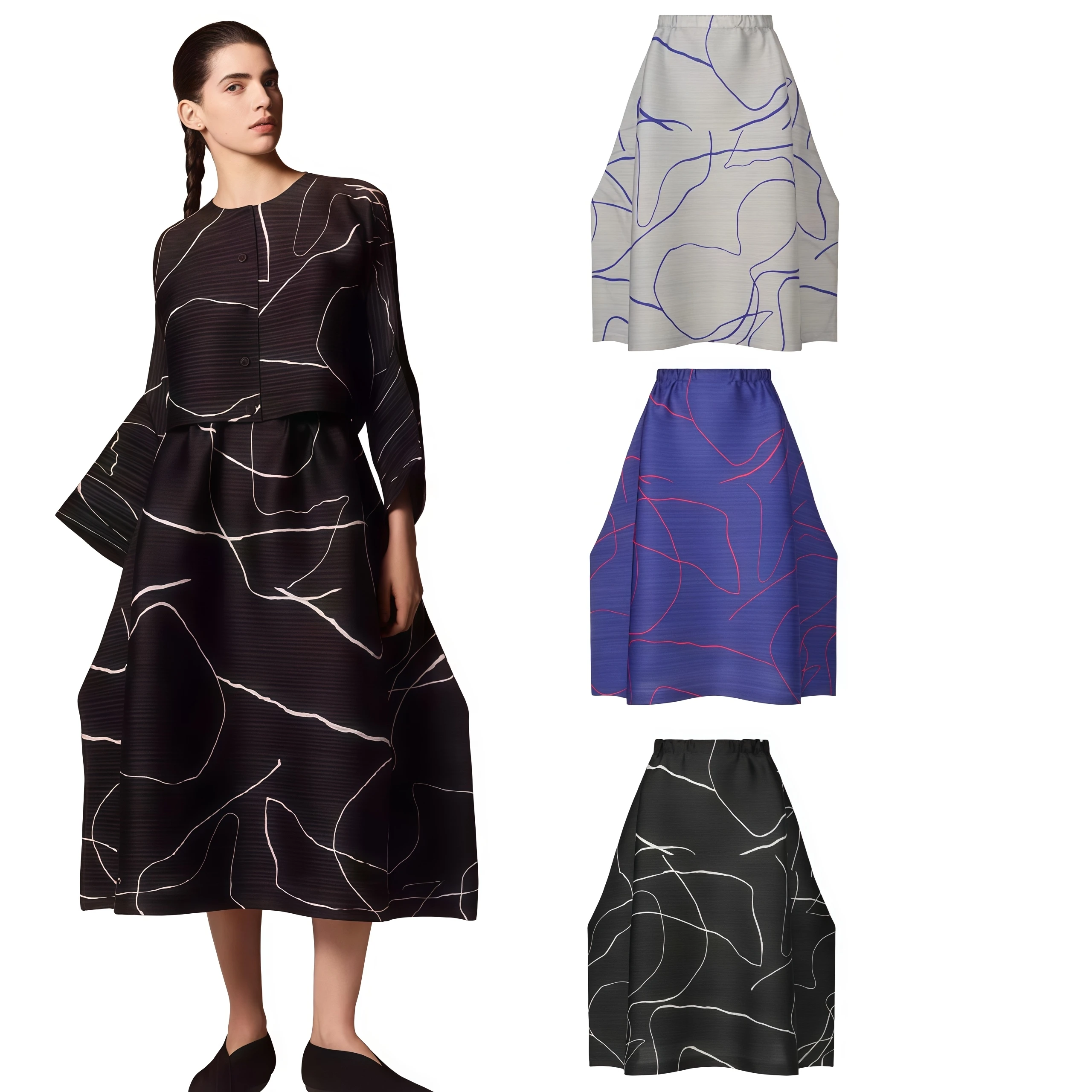Fold Miyake Pleated Buttoned Cardigan Printed Skirt