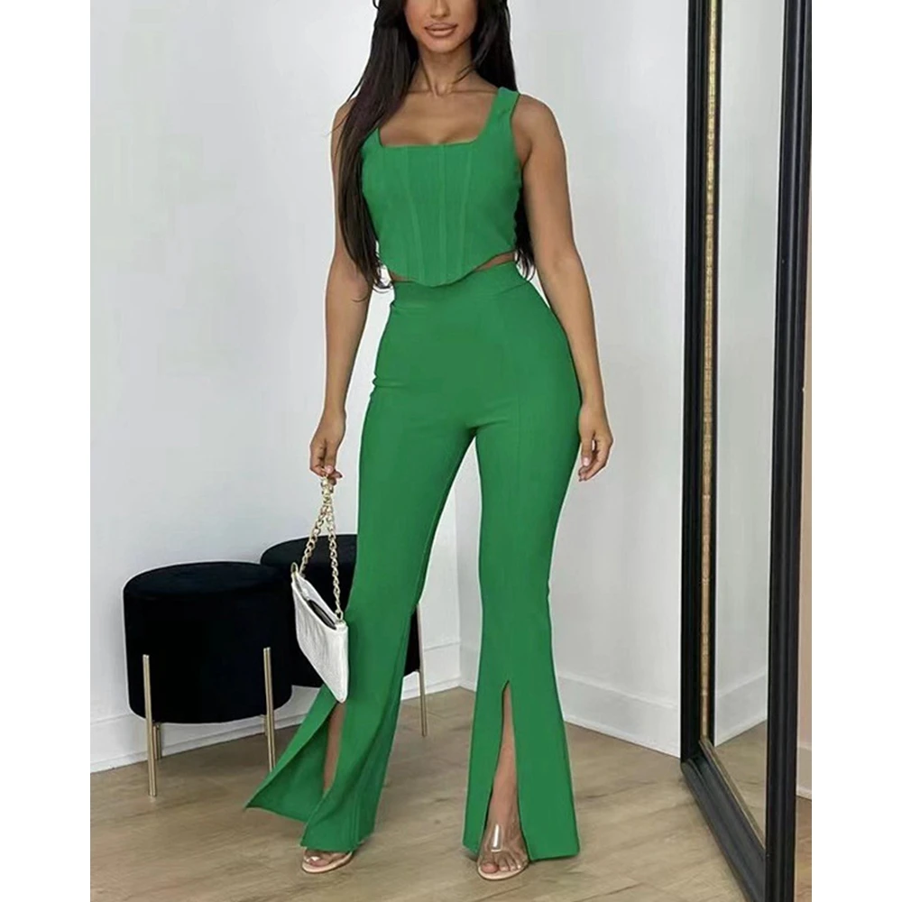 

Women Square Neck Asymmetric Tank Top & High Waist Split Flared Pants Set Causal New Style Two Pieces Pants Suit Summer Clothing