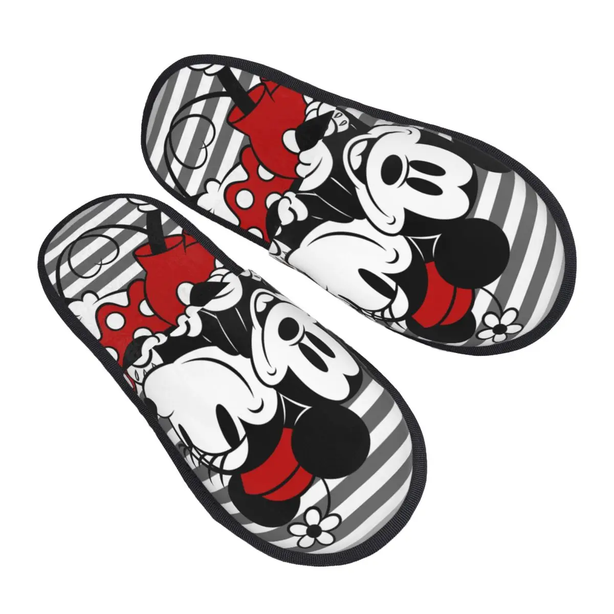 

Mickey And Minnie Stripe Home Cotton Slippers Indoor Soft Memory Foam Slides Anti Slip