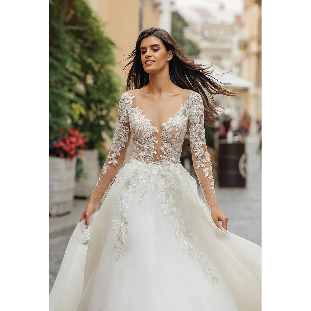 YCJ Deep V Neck Wedding Dresses A Line Applique Lace Bridal Grown Sweep Train Customized Long Sleeves Ball Gown свадебное платье