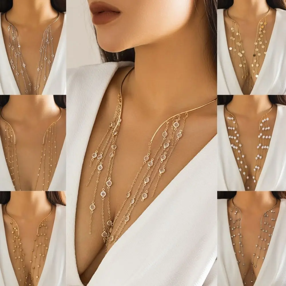 

Imitation Pearl Long Tassel Star Necklace Chest Chain Punk Collar Crystal Sequin Pendant Vintage Ornament Open Torques Choker