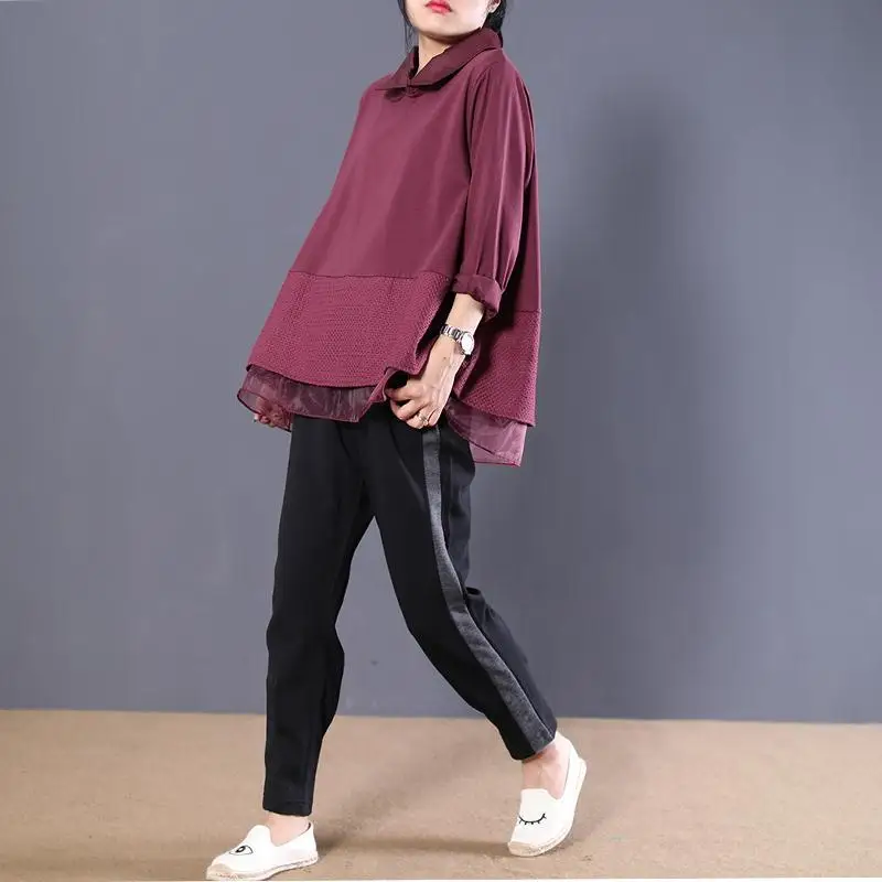 Artistic Loose Fit Long Sve irt Lace Ogees Splicing Design Korean Sle Spring Autumn Women's Faion Premium Quali