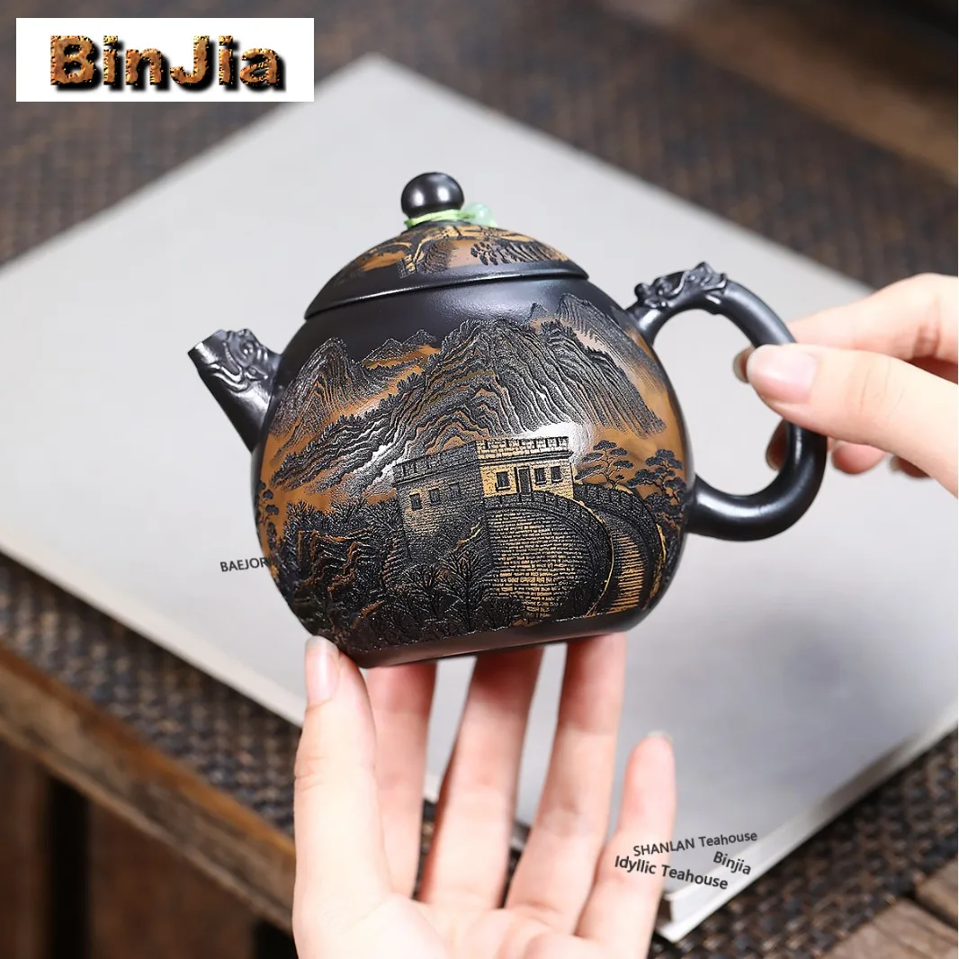 

Чайник из исинской глины (320 мл) ручной работы, креативный дизайн «Драконье яйцо», из необработанной каменной руды, желтая глина, китайский чайный набор из цзыша, декоративные украшения