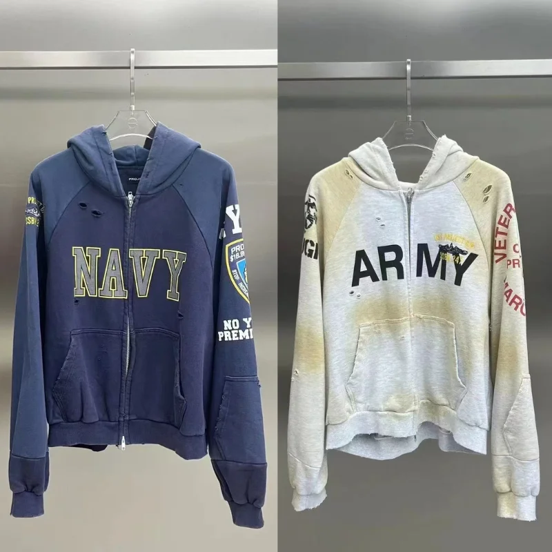 

Поддельные толстовки на молнии из двух предметов, высокое качество, женские и мужские винтажные толстовки на молнии с отверстиями, одежда