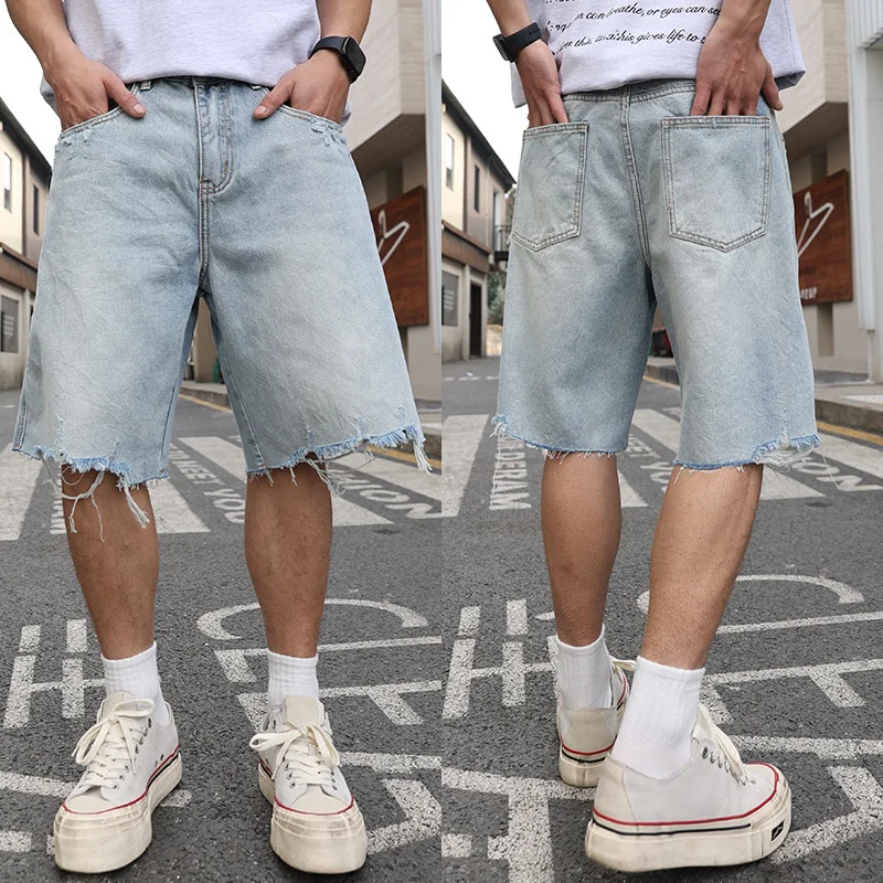Men Broken Edge Ripped Denim Shorts Cityboy Streetwear Fashion Hip Hop Loose Casual Plus Size Denim Short Pant Jeans Shorts