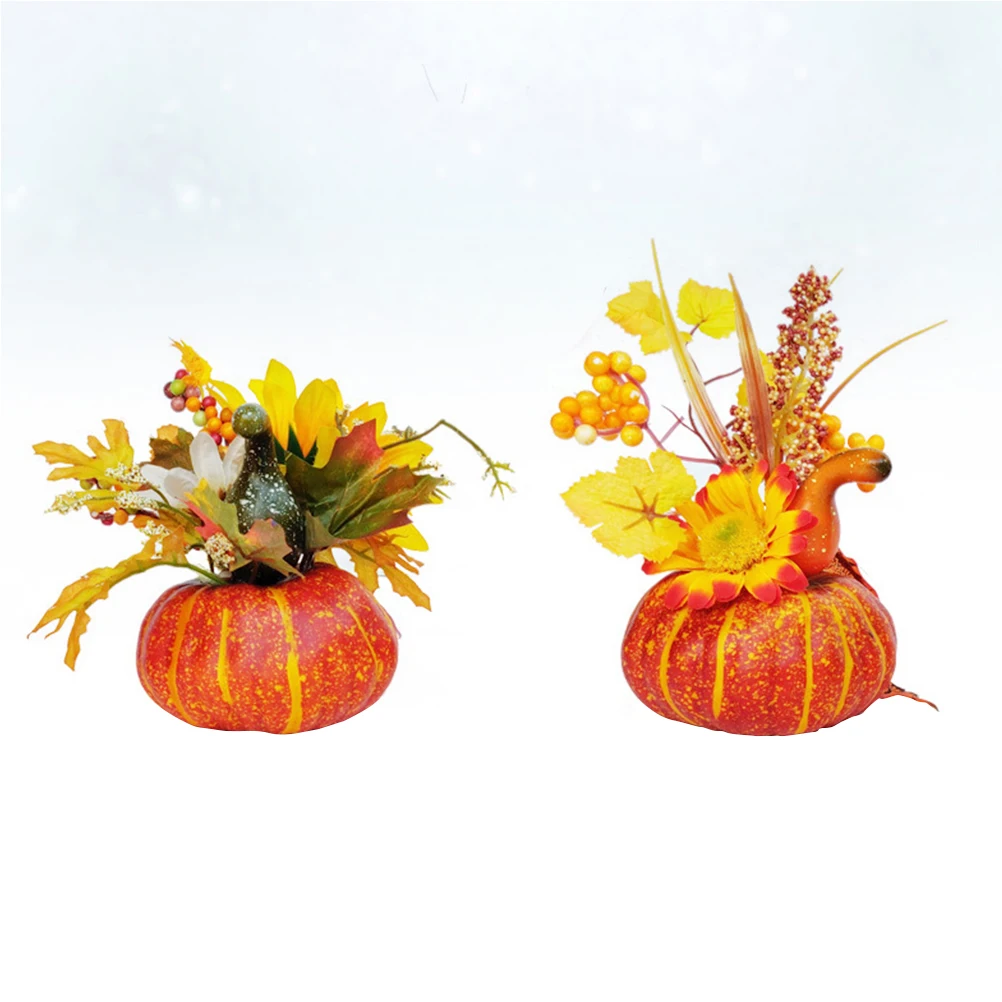 

2pcs Artificial Maple Leaf Pumpkin Combo Green Foliage Decor Autumn Party Ornament Mini Crafts Fake Plant Fall Home Accent