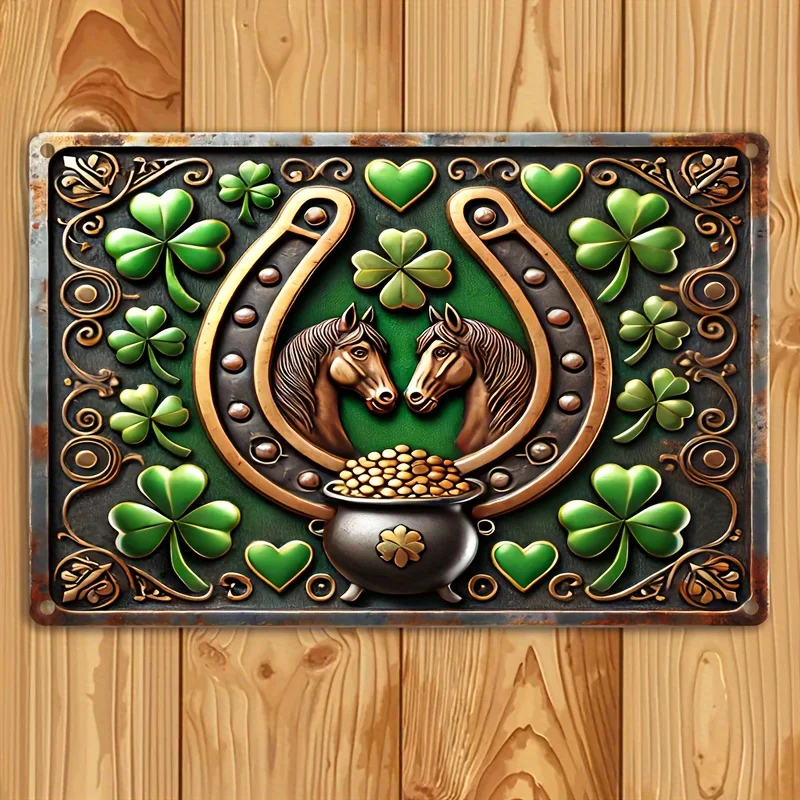 

Vintage Celtic Horseshoe Aluminum Wall Plaque, Decorative Sign with Horse and Shamrock Design, Home, Office, Wall Art Decor