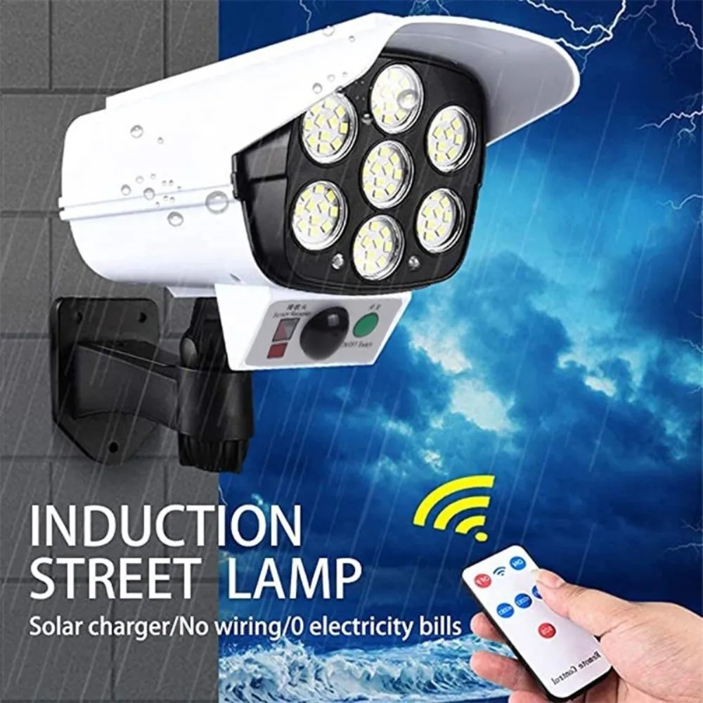Waterproof Solar Motion Sensor Light 3 Modes 77 LED LED Wall Lamp Remote Control Fake CCTV Camera Security Dummy Camera
