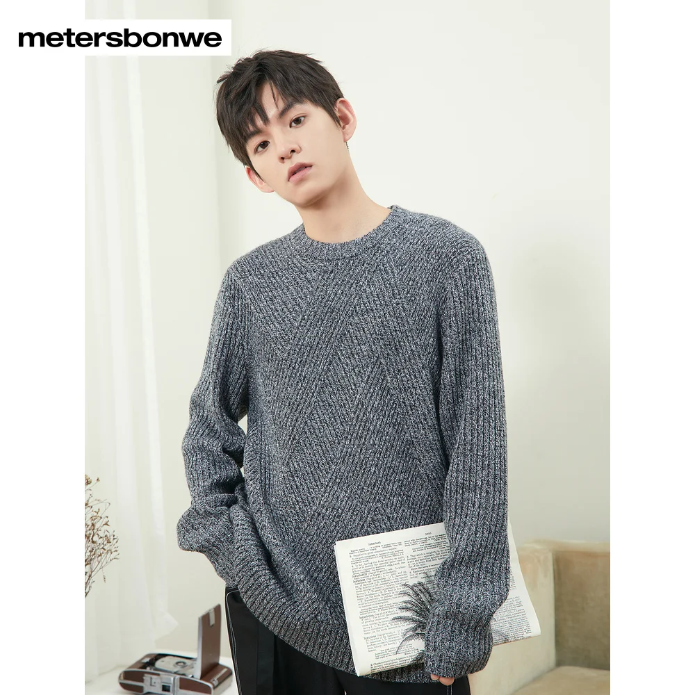 Metersbonwe-Men\'s Texture Round Collar Sweater, Monochromatic Loose Pullover, Warm Long Sleeves Acrylic Sweater, Winter