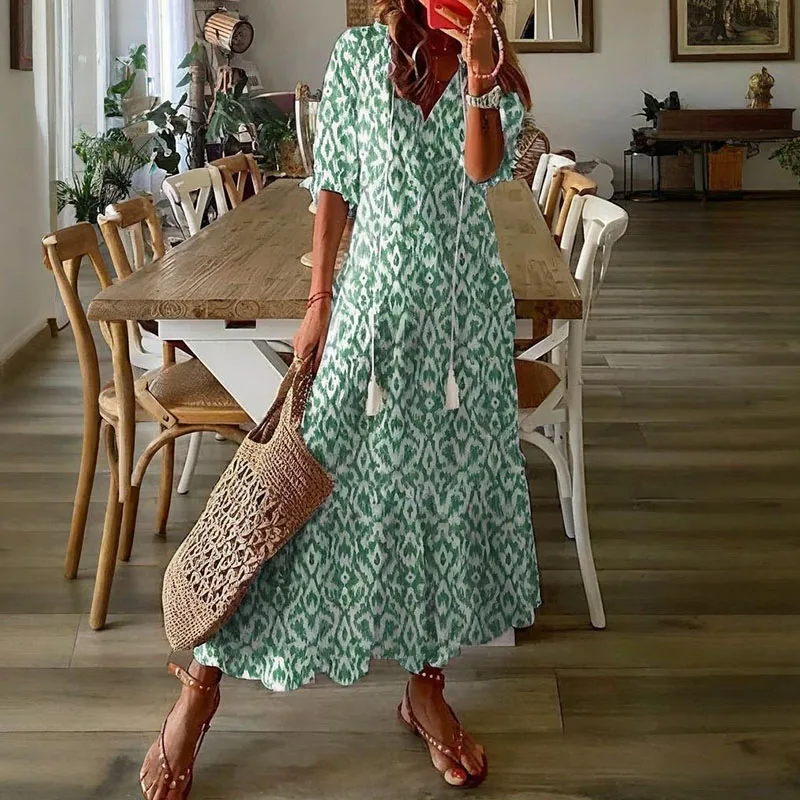 Spring and Summer Fashion Behemian Style Multi Color Print Half Sleeve Maxi Dress Casual Sweet V-neck Loose Flowy Long Dress