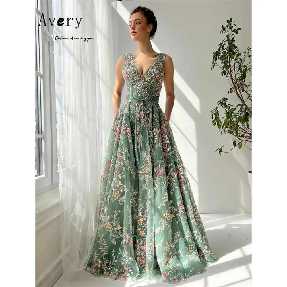 

Avery Customized A-line Floral V-neck Sleeveless Evening Dresses Wedding Guest Dresses Luxury 2025 for Party Prom Dress 2025