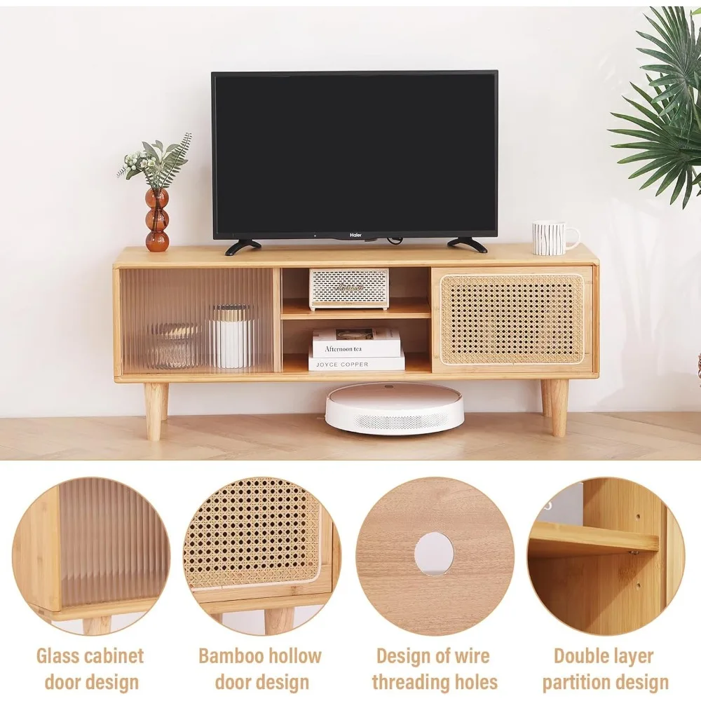 حامل تلفزيون من الروطان لتلفزيون 55 بوصة، وخزانة تلفزيون من الخيزران مع رف وتخزين قابل للتعديل، ومركز ترفيه بوهو، ووحدة منتصف القرن #5