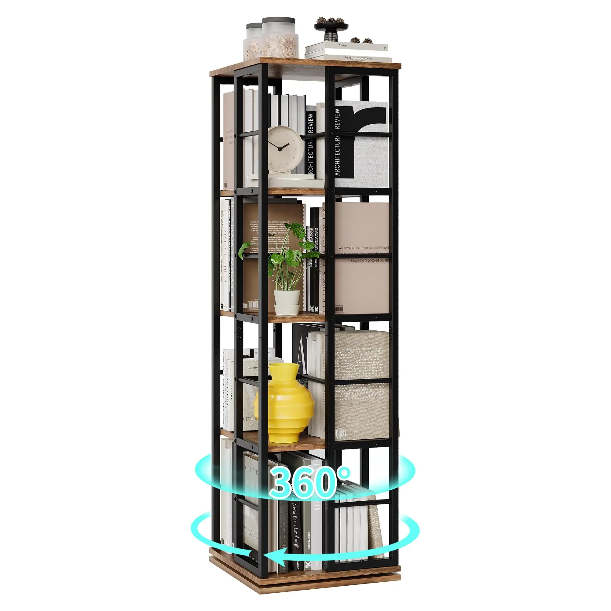 

4-Tier Rotating Bookshelf, Corner Book Shelf Tower, Floor Standing Tall Industrial Book Magazines Storage Organizer