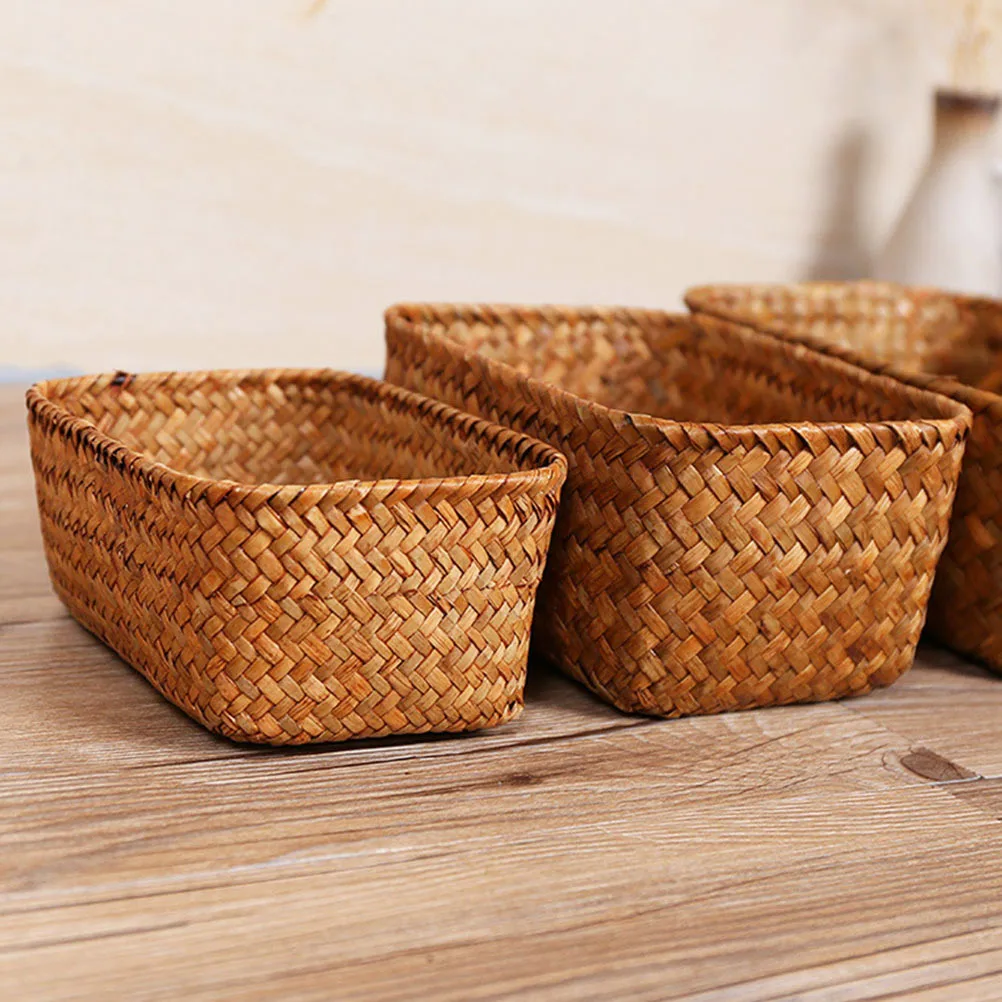 

Woven Storage Basket Desktop Organizer Handwoven Natural Seagrass Storage Bin for Cosmetics Makeup Book Sundries Box