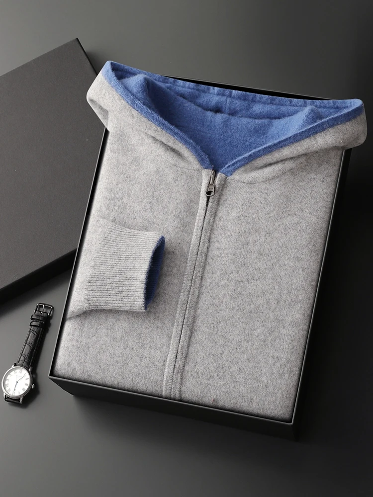 

Двусторонний двухцветный кардиган, осенне-зимний мужской двухслойный толстый свитер с капюшоном, 100% кашемировый трикотаж, повседневные деловые топы