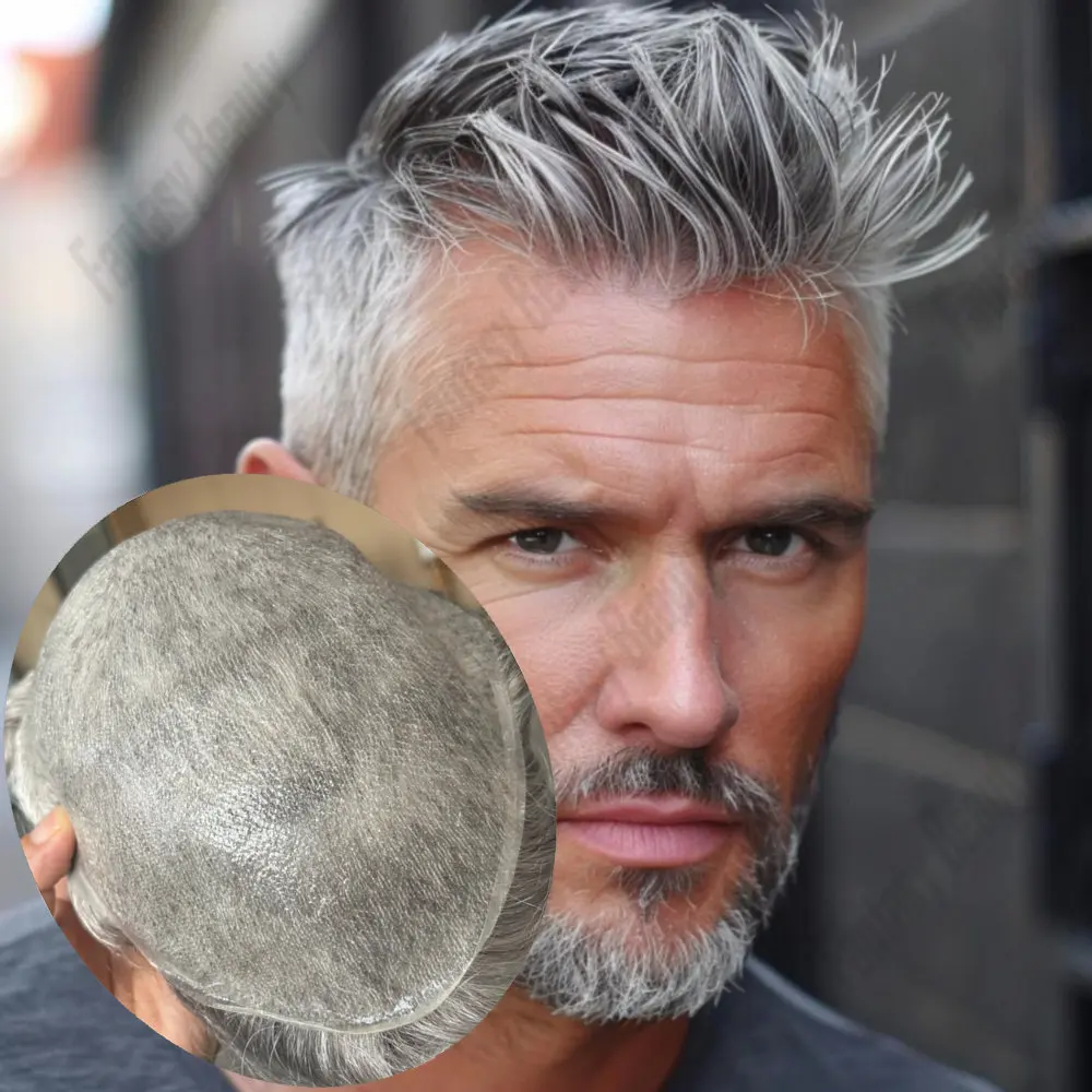Kulit Super Tipis Ultra Ringan 80% Kepadatan 0.02mm 1b65 # 520 Grey Toupee Pria Garis Rambut Alami Model V Loop Prostesis Rambut Asli Manusia