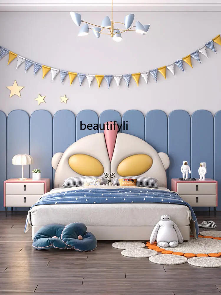 Light Luxury Genuine Leather Boy Single Bed 1.5 M Girl Princess Cartoon Simple Small Bed 1.2