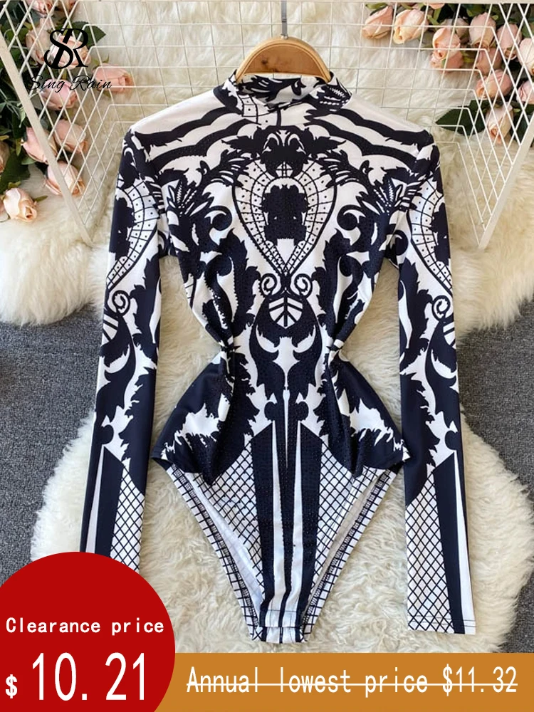 SINGREINY Design Autumn New Print Rompers Women Stand Collar Long Sleeve Slim Jumpsuits Chic Fashion Sexy Bodycon Short Bodysuit