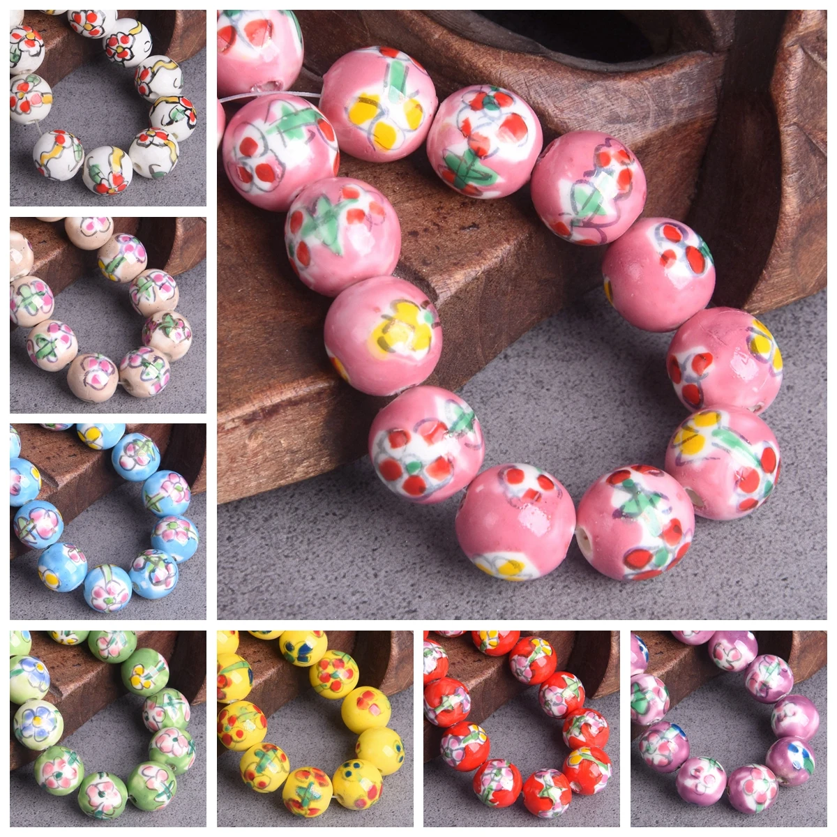 5pcs Hand Painted Flower Round 14mm Handmade Ceramic Porcelain Loose Beads For Jewelry Making DIY Bracelet Findings