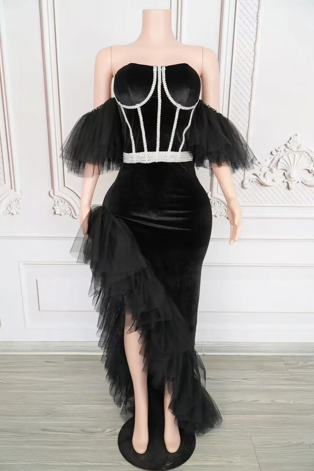 

Nightclub Clothing Female Singer DJPerformance Dresses for Women's CustomizedHigh-end Elegant Sexy Black Velvet Dress D274