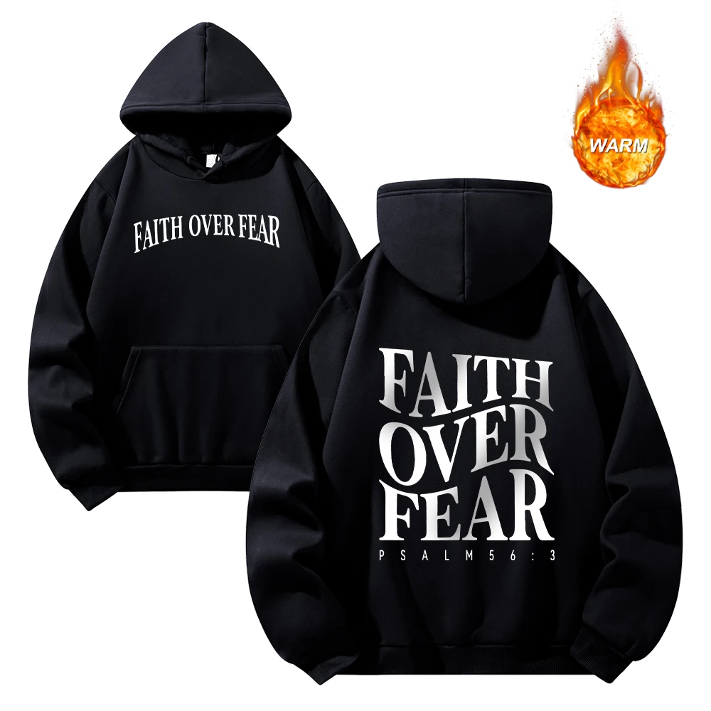 Faith Over Fear Bedruckte, verdickte Hoodies für Herren, Herbst und Winter, Kordelzug-Pullover, lässige Pendelkleidung
