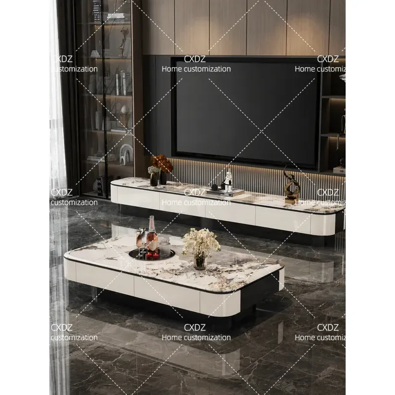 Italian Light Luxury Minimalist Solid Wood Piano Paint Microcrystalline Stone TV Cabinet Living Room Storage Furniture for