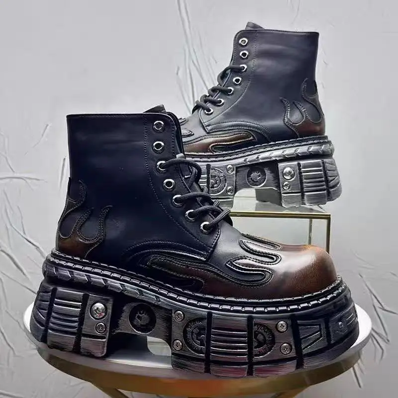 

European Men's Boots 2025 Summer New Height-Increasing British Style Polished Fashion Flame Versatile Punk Trend Shoes