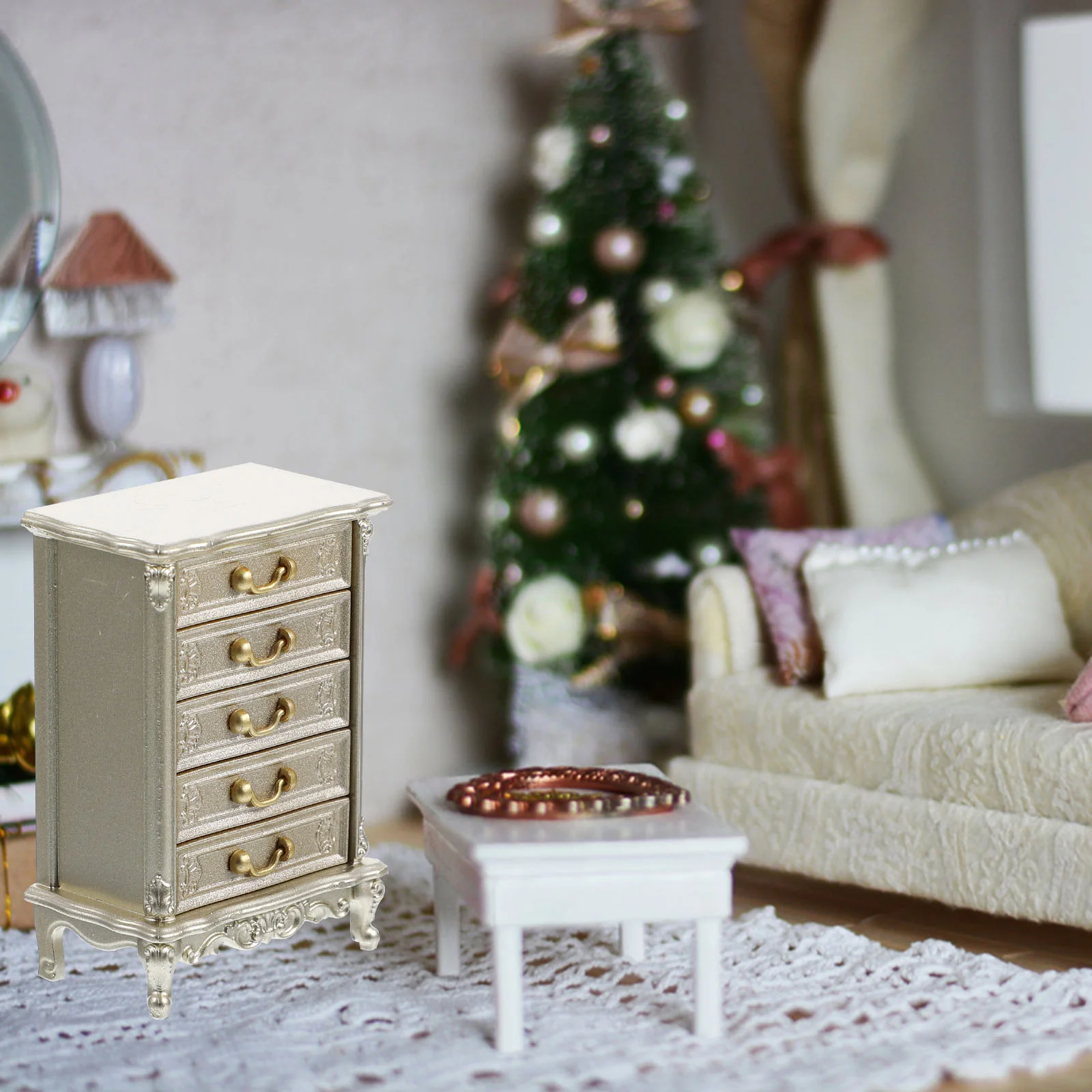 Mesita de noche de muebles vintage, mini casa, diseño de madera, mesita de noche en miniatura