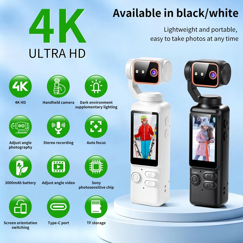 Handheld 4K Pocket Vlog Gimbal Camera 180° Rotate Lens 3000mAh Battery Built‑in Flash Mic Travel Video Vlog Recorder