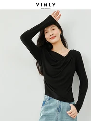 Vimly Black V-neck Fold T-shirt Women's Long Sleeve Top 2024 Spring Fashion High Strecth Slim Casual Tshirt Female Clothes M5786