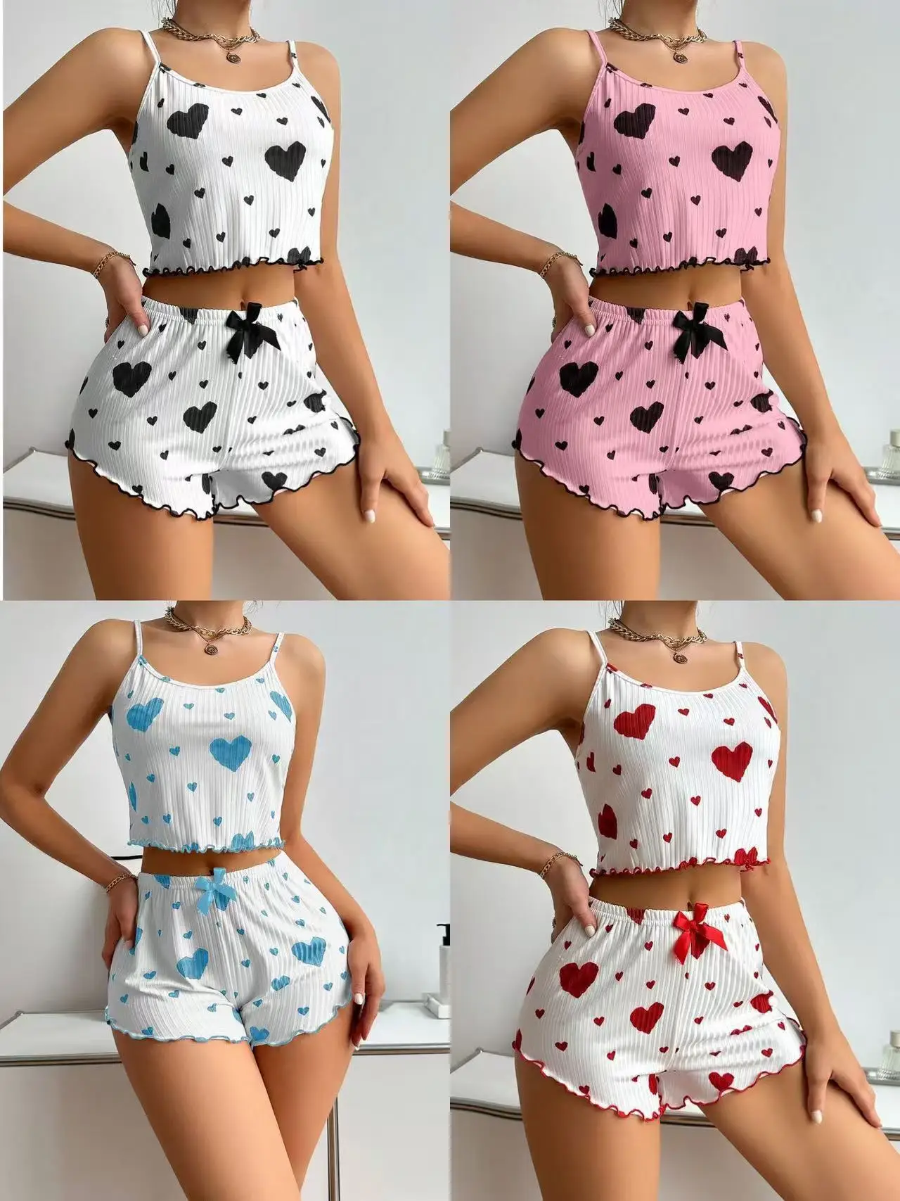

Новый летний женский пижамный комплект, дышащие мягкие повседневные пижамы с принтом «Любовь», милые домашние шорты с ремешками