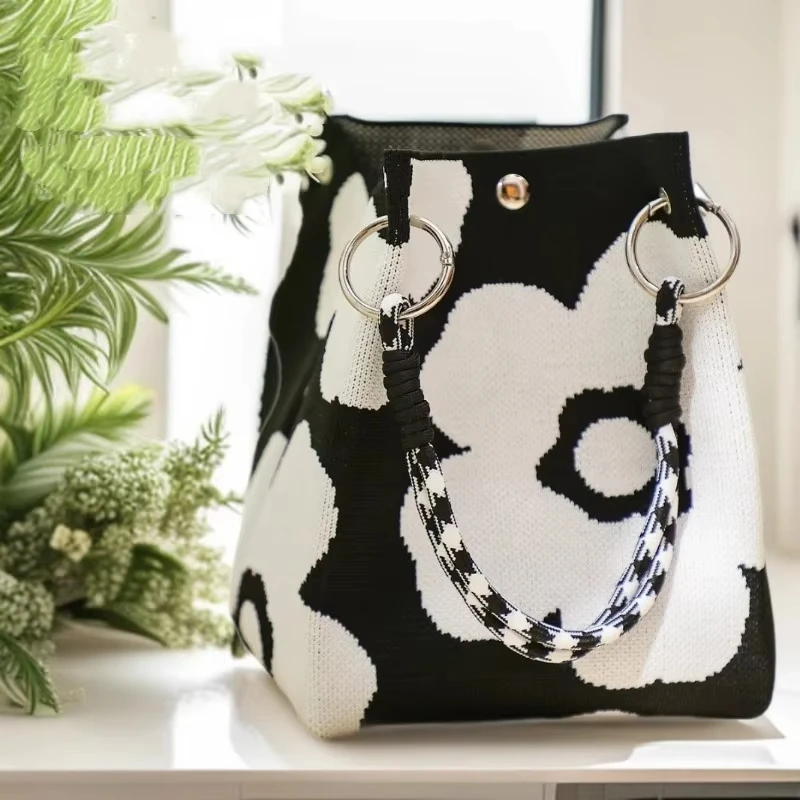 

Women's Vintage Floral Knit Tote Bag Storage Bag Lightweight with Adjustable Straps & Metal Rings Snap Closure for Casual Travel