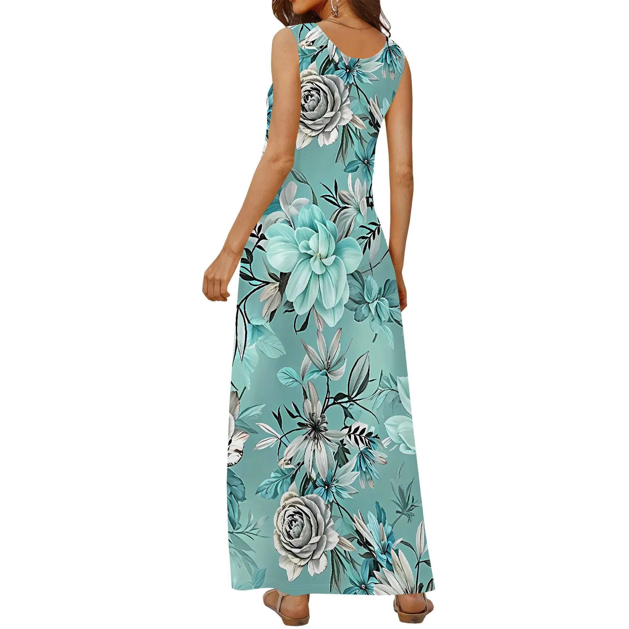 EQQZD Elegant Floral Print Round-Neck Maxi Dress, Sleeveless Wide Shoulder Strap Dress w/Pocket, Casual & Stylish Dress