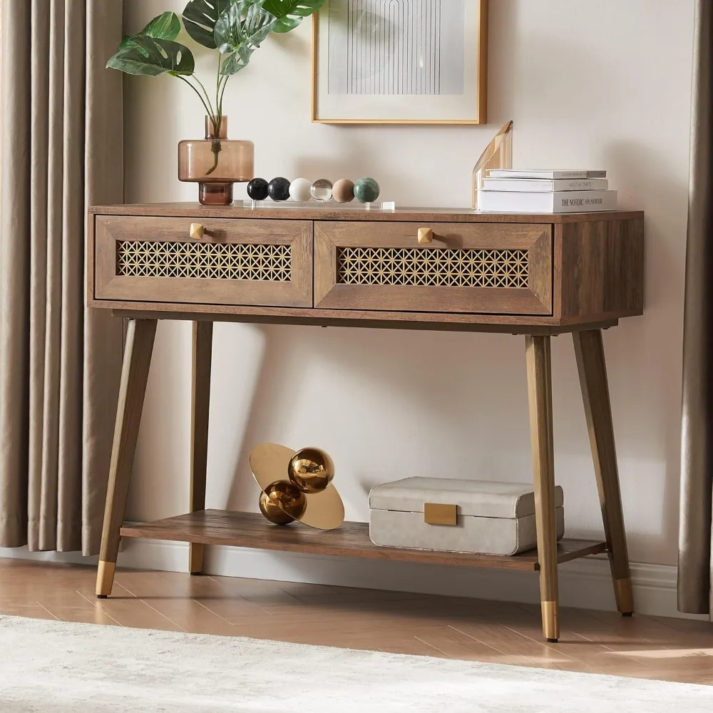 

Sofa Table with Two Drawers and Shelf, Modern Style Wooden Console Table for Living Room, Entryway, Hallway, Rustic Oak