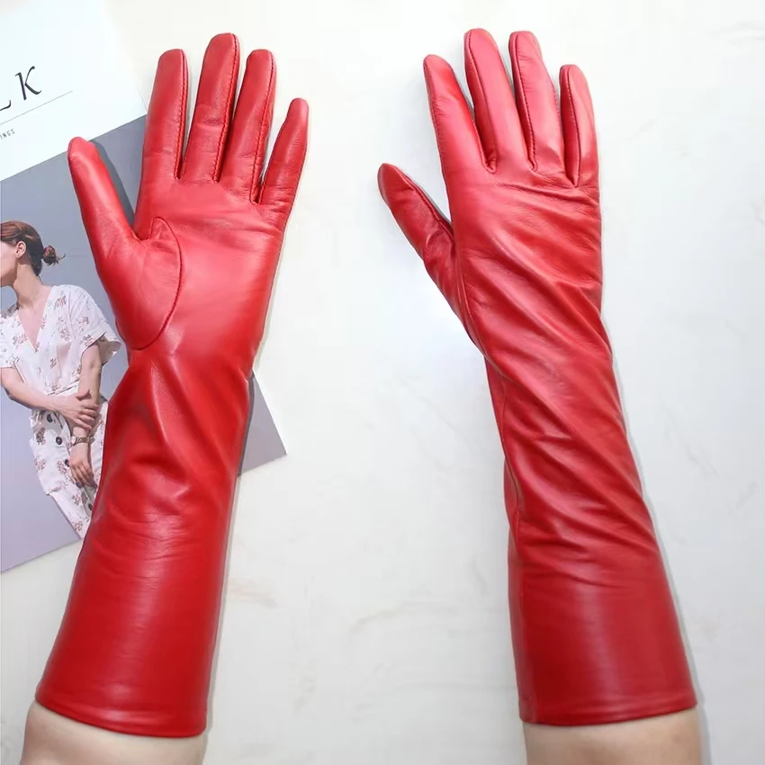 

New Women's Long Sheepskin Gloves Thin Silk Inner Touch Screen Solid Color Leather Gloves