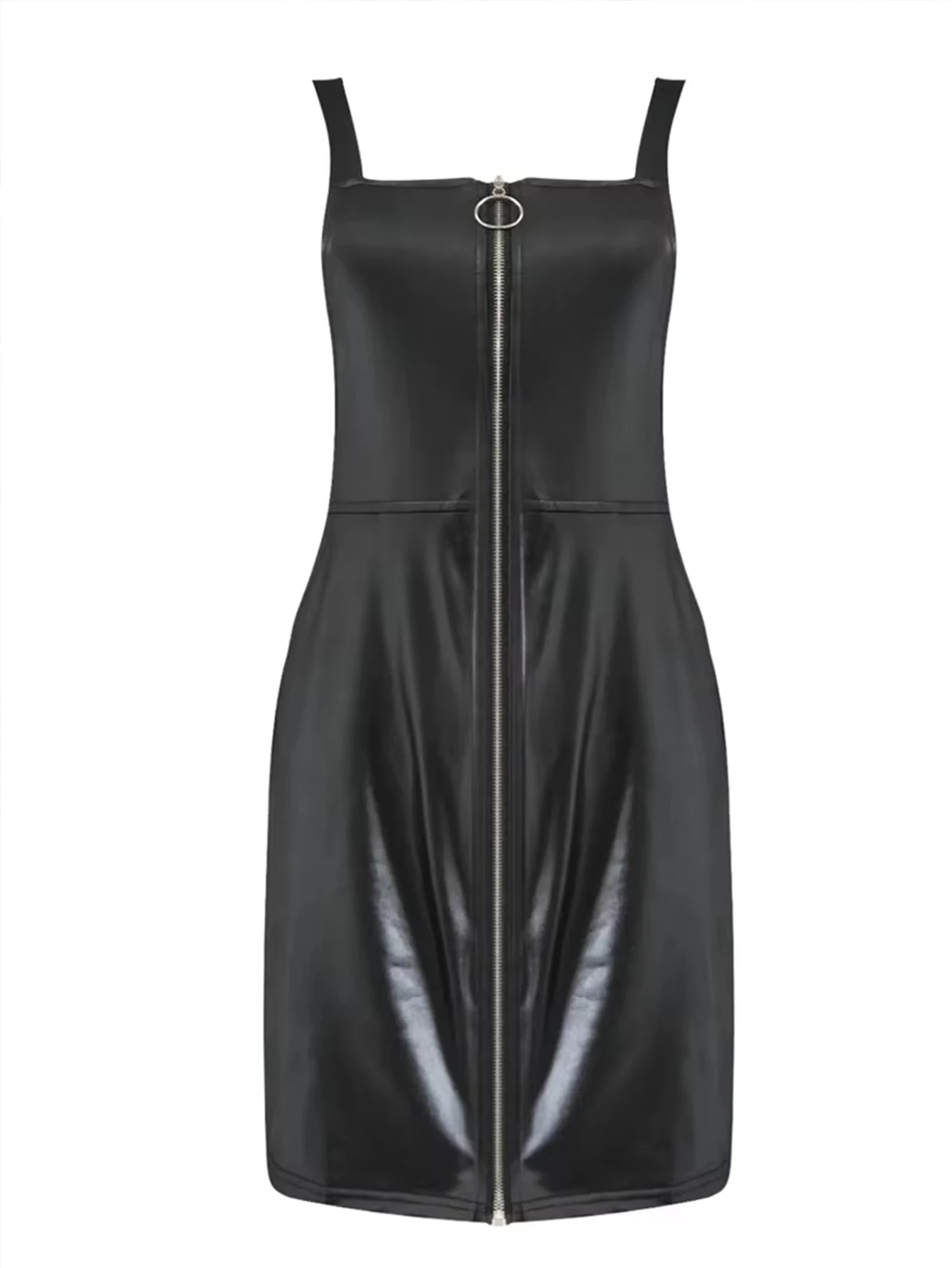 Women's Matte Faux Leather Camisole Front Zipper Open Top Dress, PU Dress, Women's Clothing