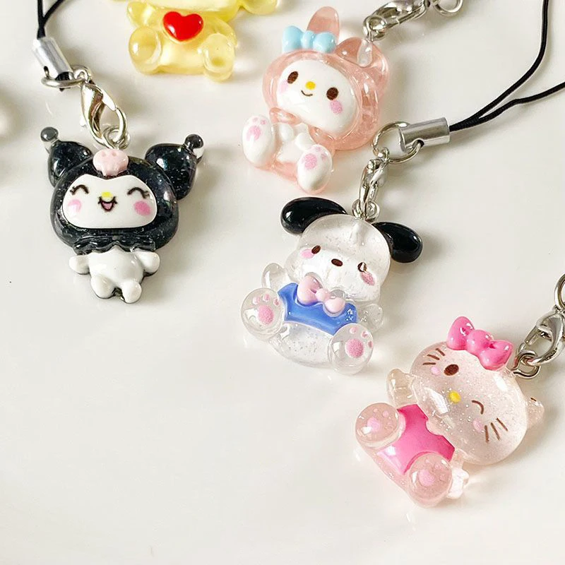 Sanrio Anime My Melody Resin Keychain Cartoon Kuromi Transparent Shiny Keyring Cute Phone Lanyard Sweet Bag Pendant Decorations