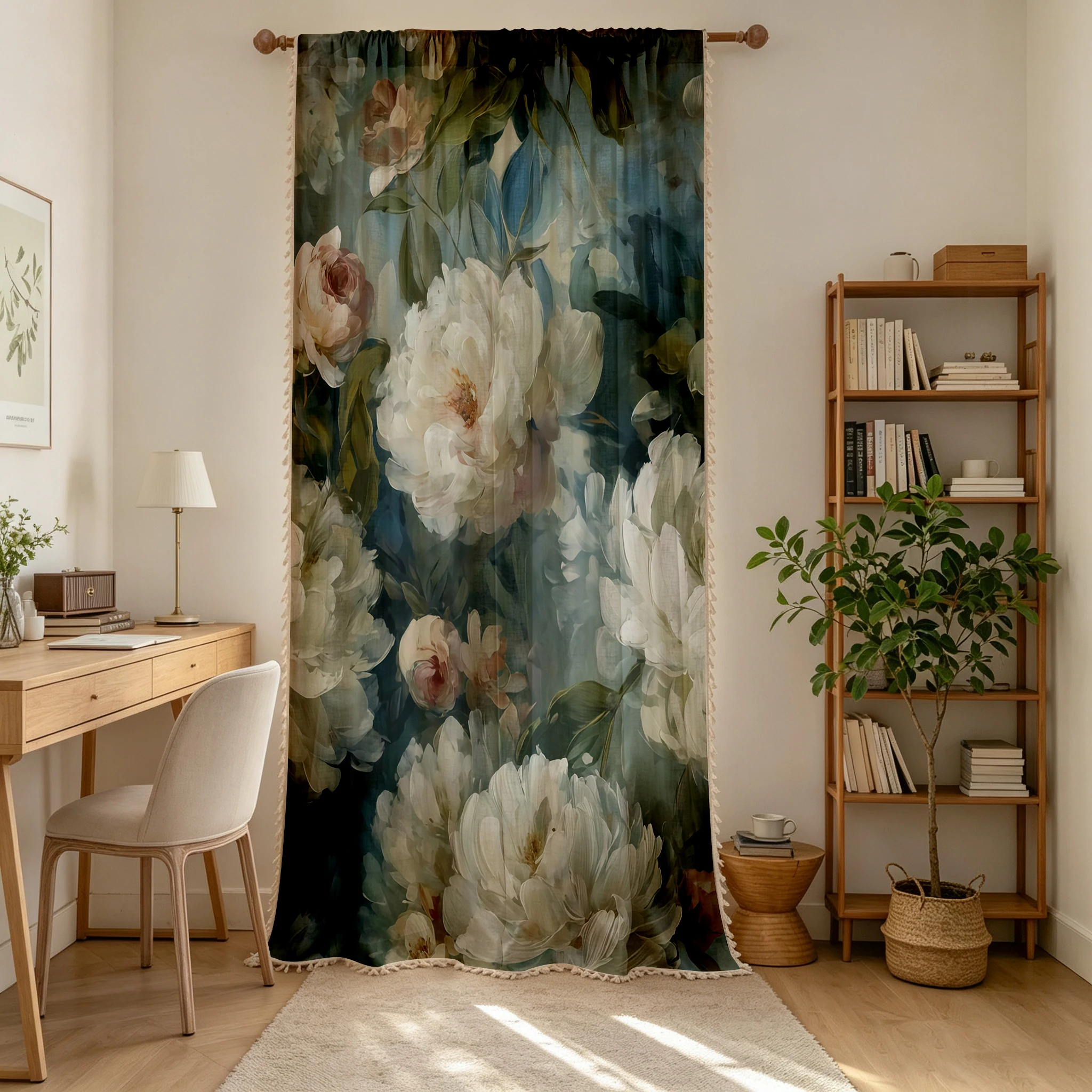 1PC Vintage Tassel Sheer Curtains, Oil Painting White Peony, Digital Print, Linen Polyester, Bedroom Living Room, Home Decor