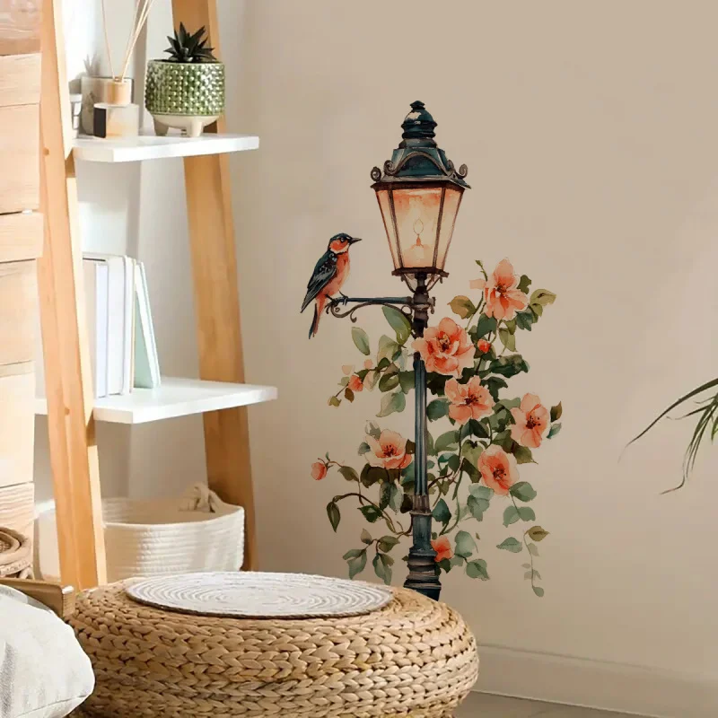 

Cartoon Painted Birds Flowers Street Lamp Wall Stickers Bedroom Living Room Wall Beautification Stickers Self-Adhesive Removable
