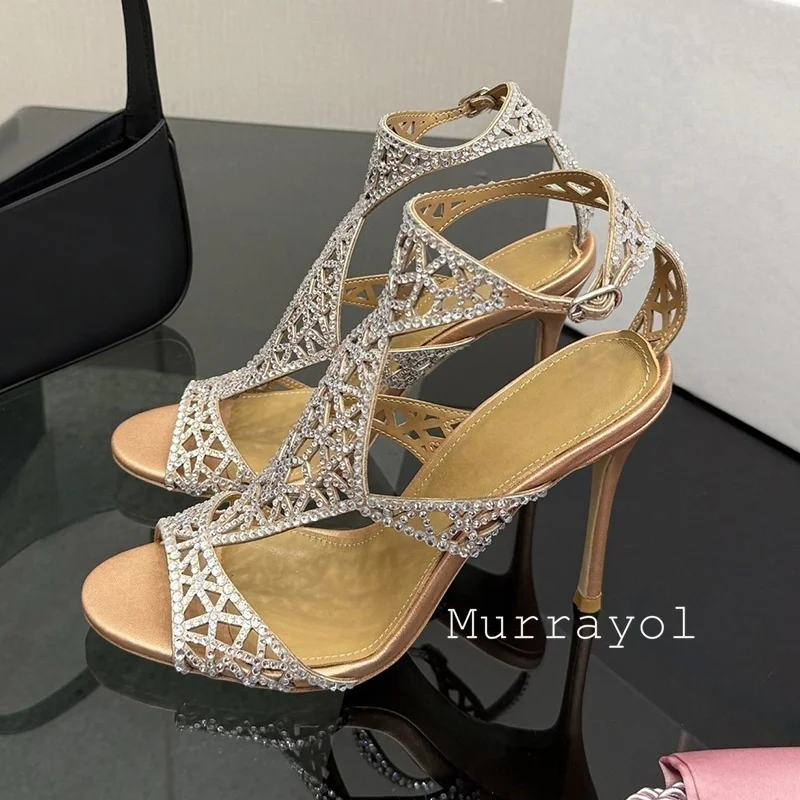 Bling Bling Rhinestone Sandals Women Real Leather Thin High Heels Ankle Strap Sandalias Mujer Summer Party Dress Wedding Shoes view 2
